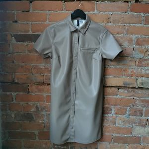 Tan Faux Leather H&M Button Down Dress with Waist Belt